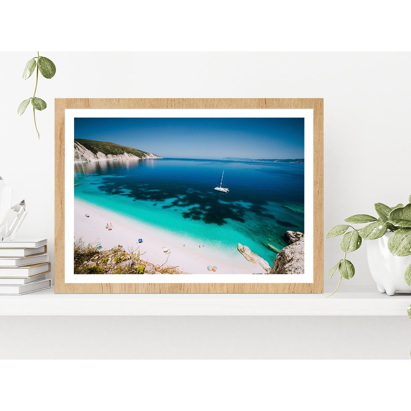 White Catamaran yacht In Sea water Glass Framed Wall Art, Ready to Hang Quality Print