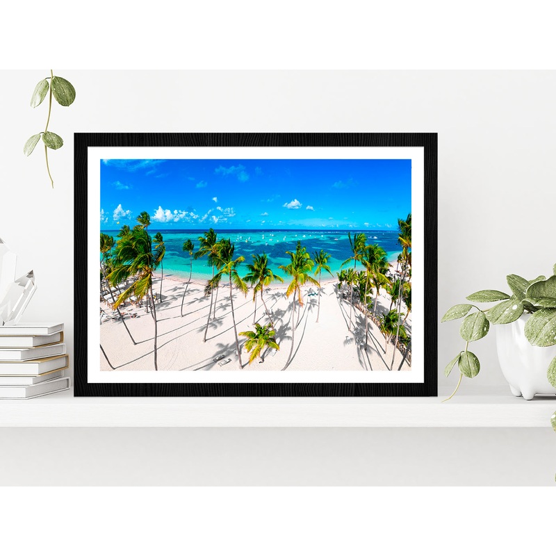 White Sand Bavaro Beach Palm Trees Glass Framed Wall Art, Ready to Hang Quality Print