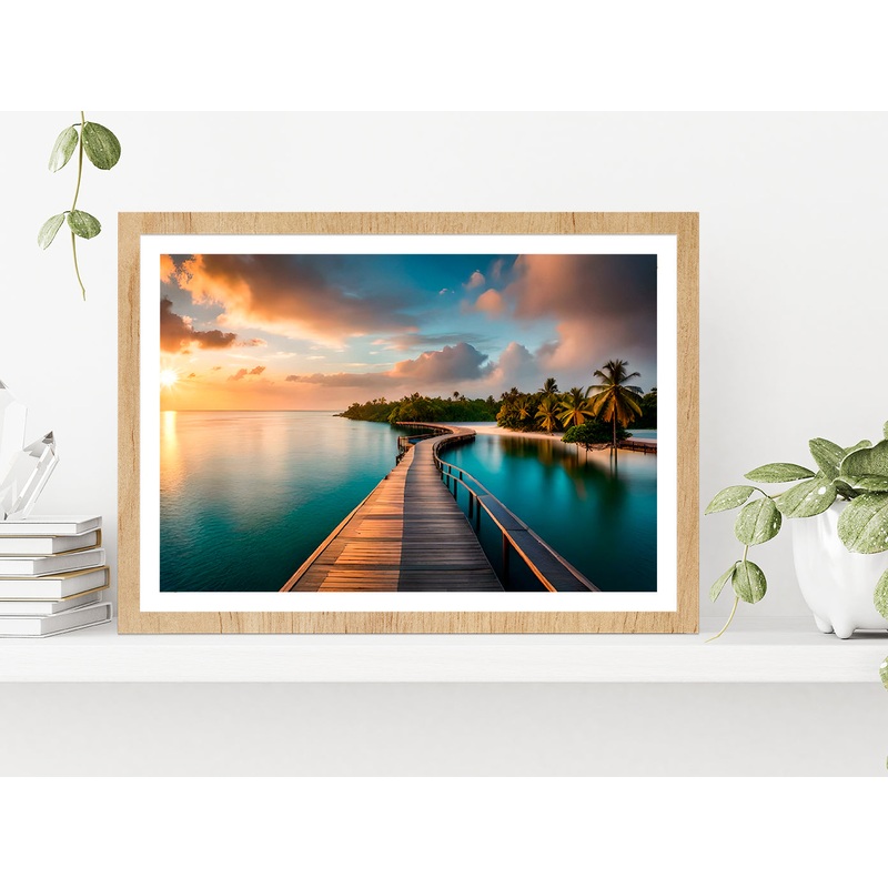 Wooden Pier Leading Into Island Glass Framed Wall Art, Ready to Hang Quality Print