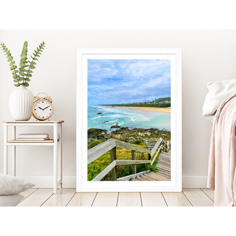 Wooden Pier to Beach & Rocks Photograph Glass Framed Wall Art, Ready to Hang Quality Print