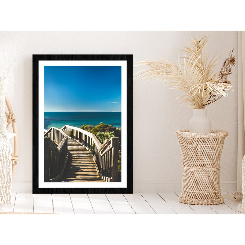 Wooden Staircase & Blue Sky Beach Photograph Glass Framed Wall Art, Ready to Hang Quality Print