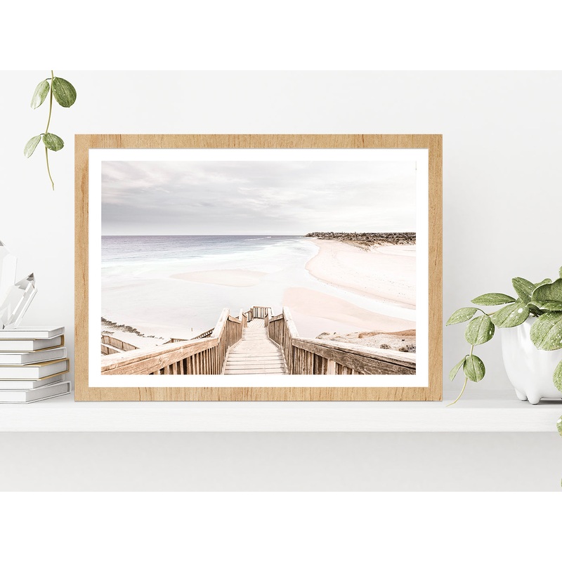Wooden Staircase to Sand Beach Photograph Glass Framed Wall Art, Ready to Hang Quality Print