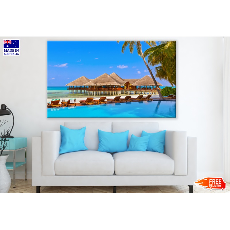 Beach & Huts with Wooden Pier Print 100% Australian Made