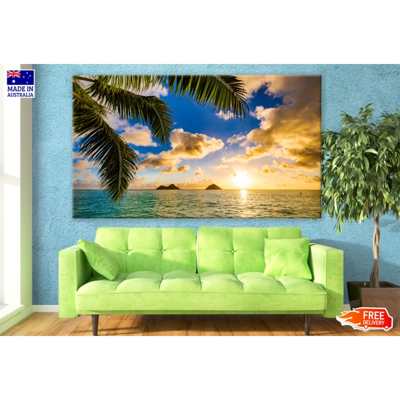 Beach Sunset Coconut Tree And Far Island Photograph Print 100% Australian Made