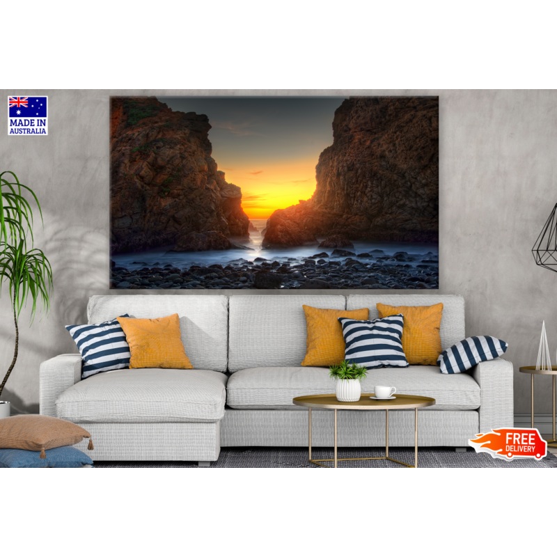 Beach Sunset View Through Rocks Print 100% Australian Made