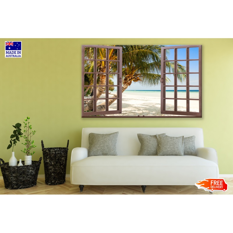 Beach Window View with Coconut Tree Print 100% Australian Made