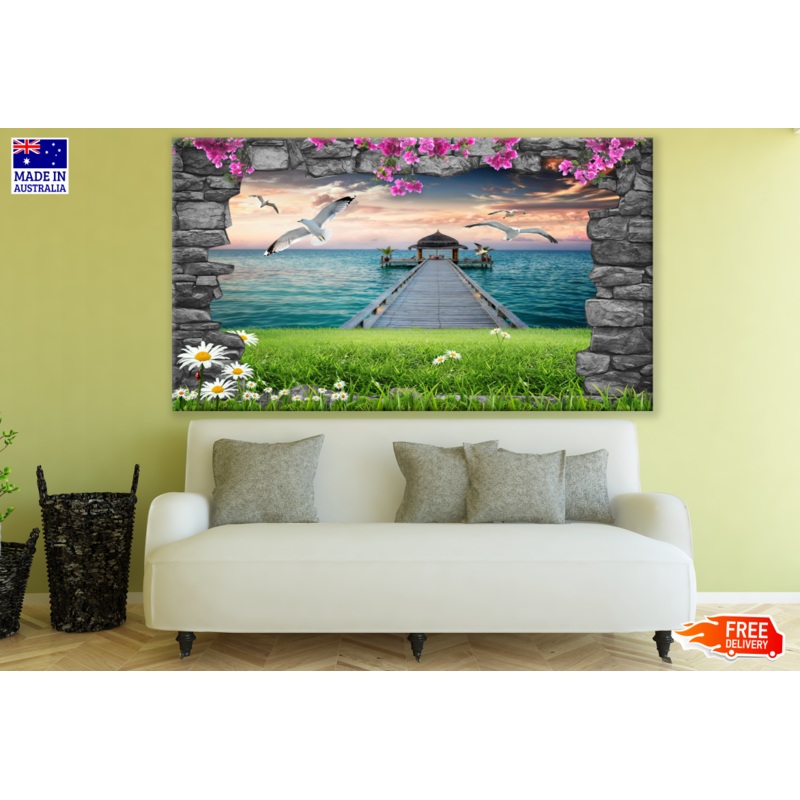 Beach wooden Pier & Hut Birds Flying Photograph Print 100% Australian Made