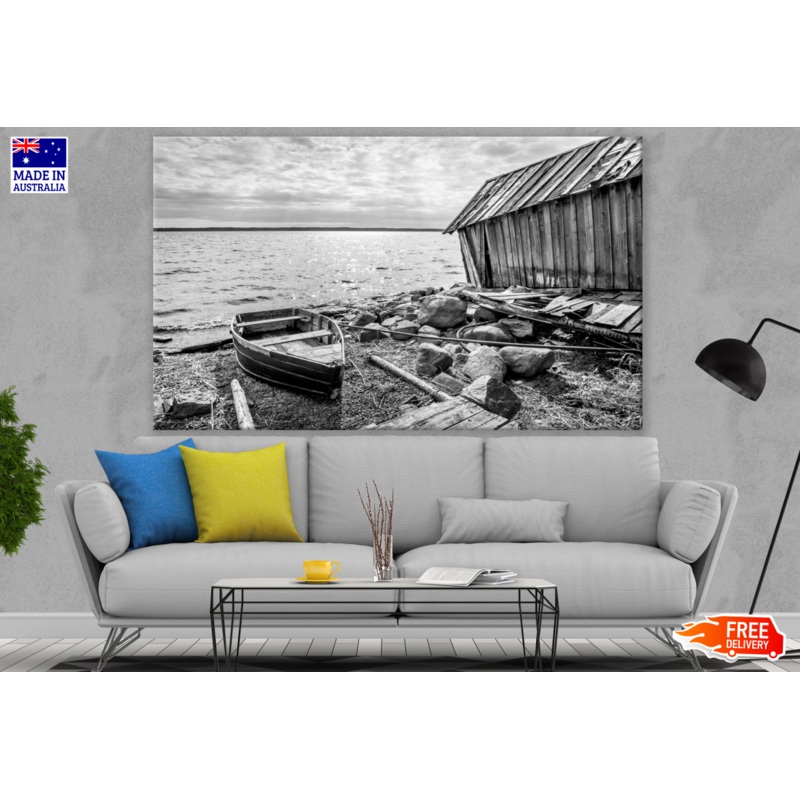 Boat & Small House near Beach B&W Photograph Print 100% Australian Made