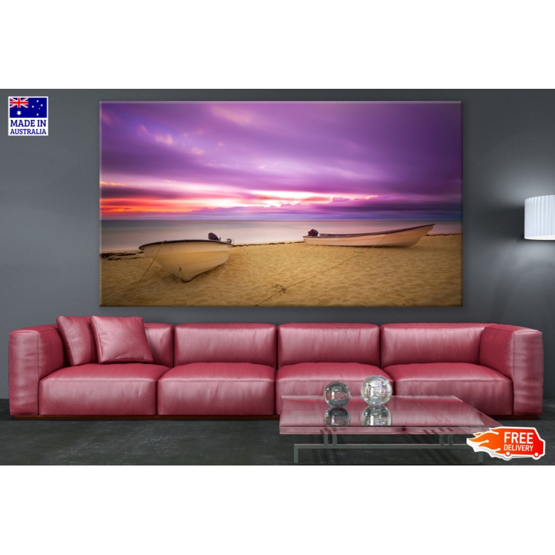 Two Boats in the Shore & Purple Sunset Sky Print 100% Australian Made