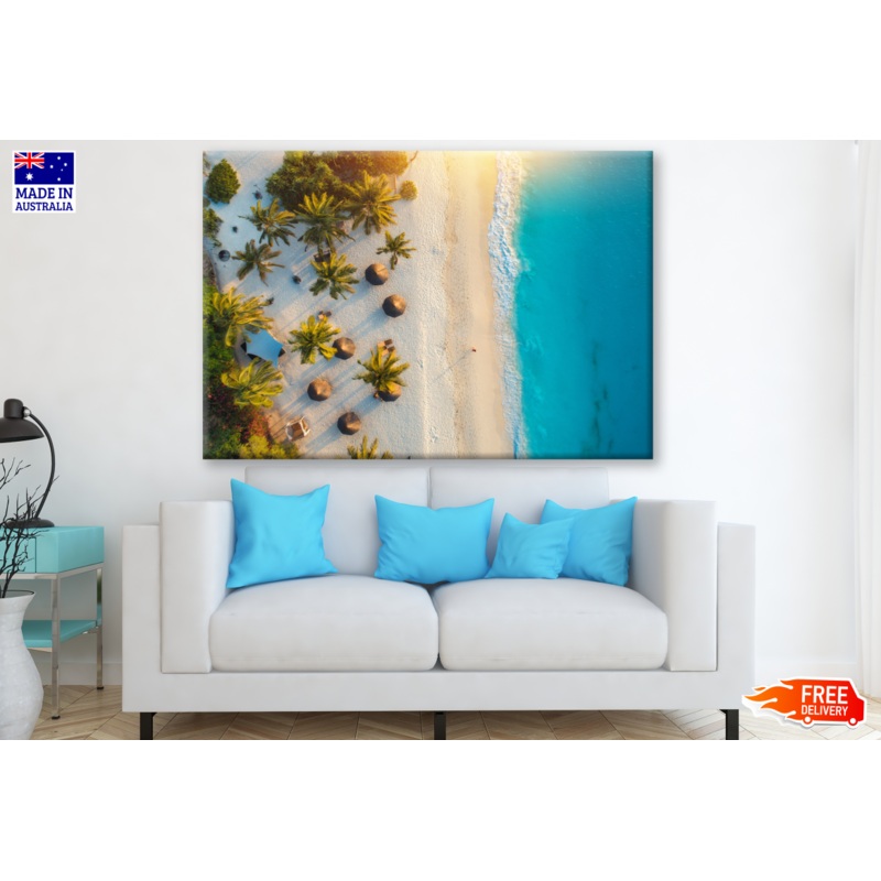 Aerial view of Umbrellas, Palms on the Sandy Beach at Sunset Photograph Print 100% Australian Made