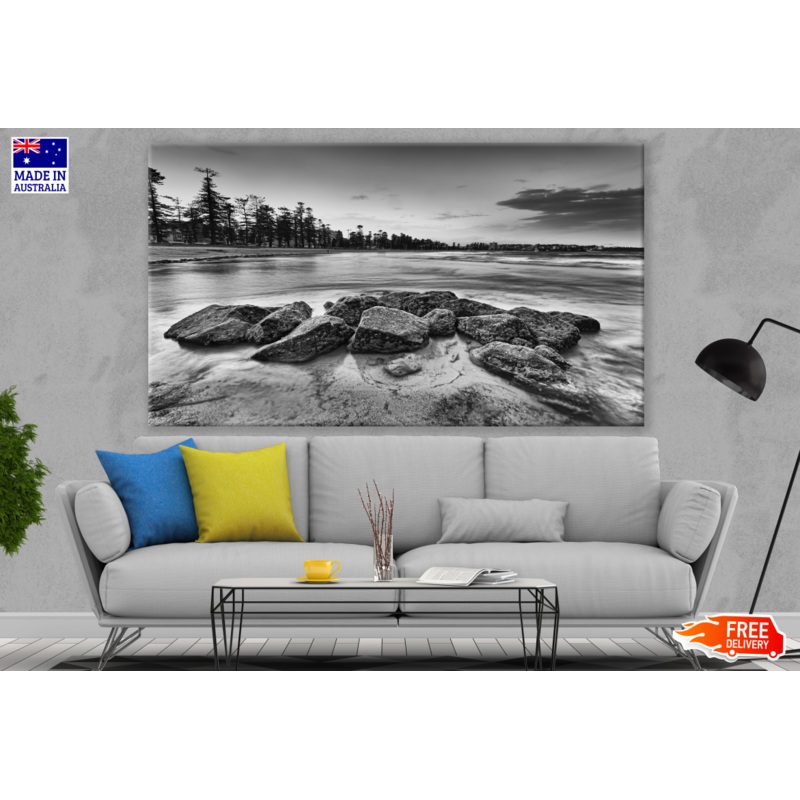 Beach Rocks with Forest View B&W Photograph Print 100% Australian Made