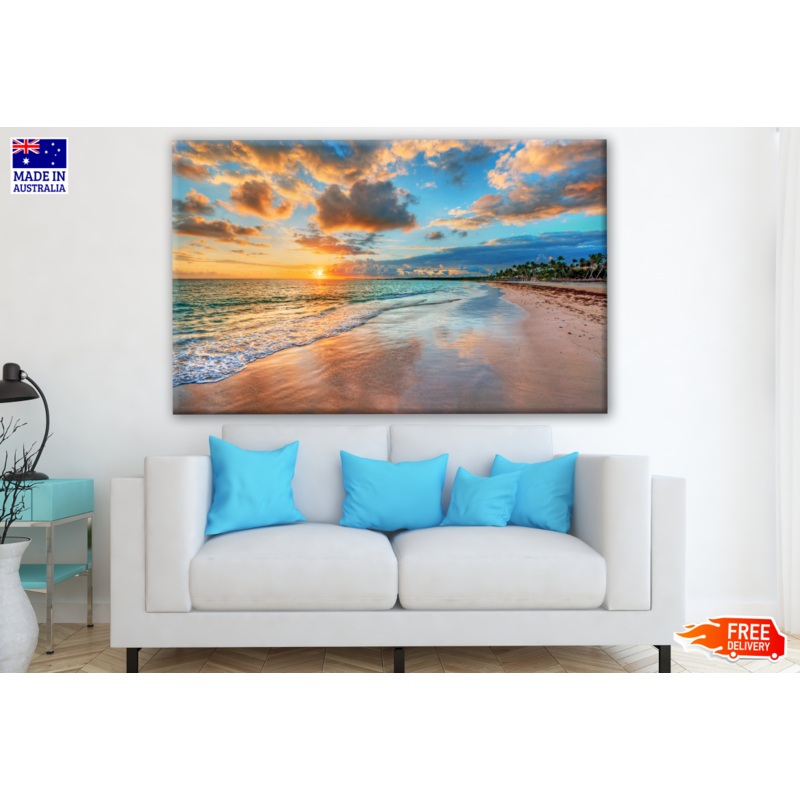 Beach Sunrise with Bright Blue Skies & Colorful Clouds Photograph Print 100% Australian Made