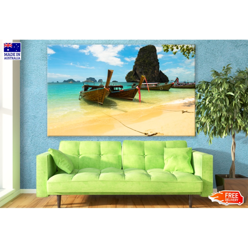 Beach with Huge Rock & Boats on Shore Photograph Print 100% Australian Made