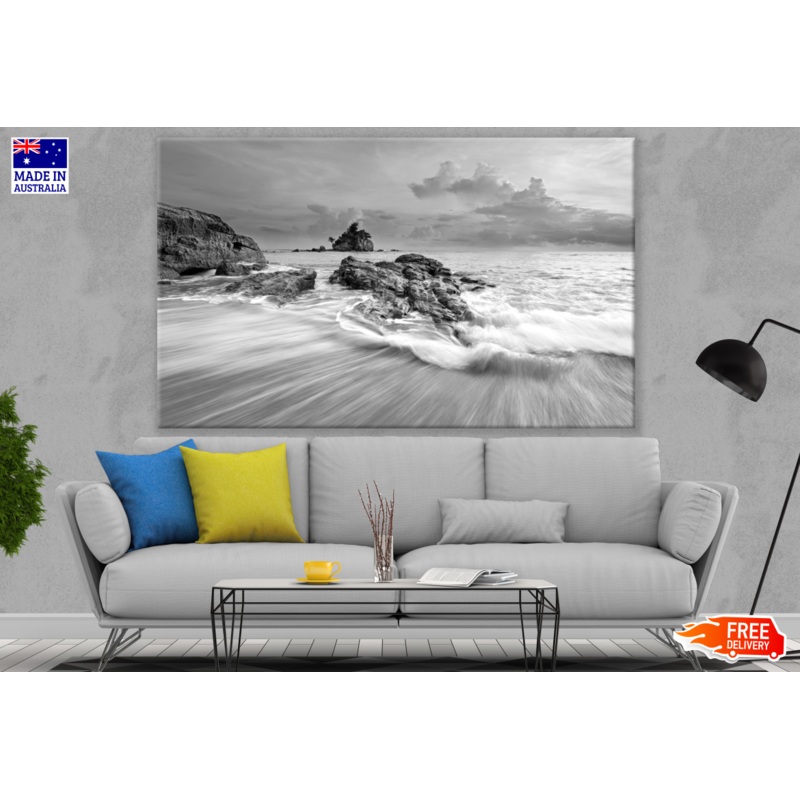 Beach with Rocks View B&W Photograph Print 100% Australian Made