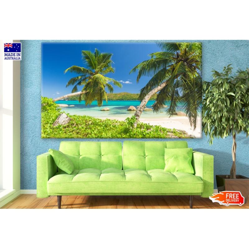 Beautiful Beach View Under Coconut Palm Trees Photograph Print 100% Australian Made