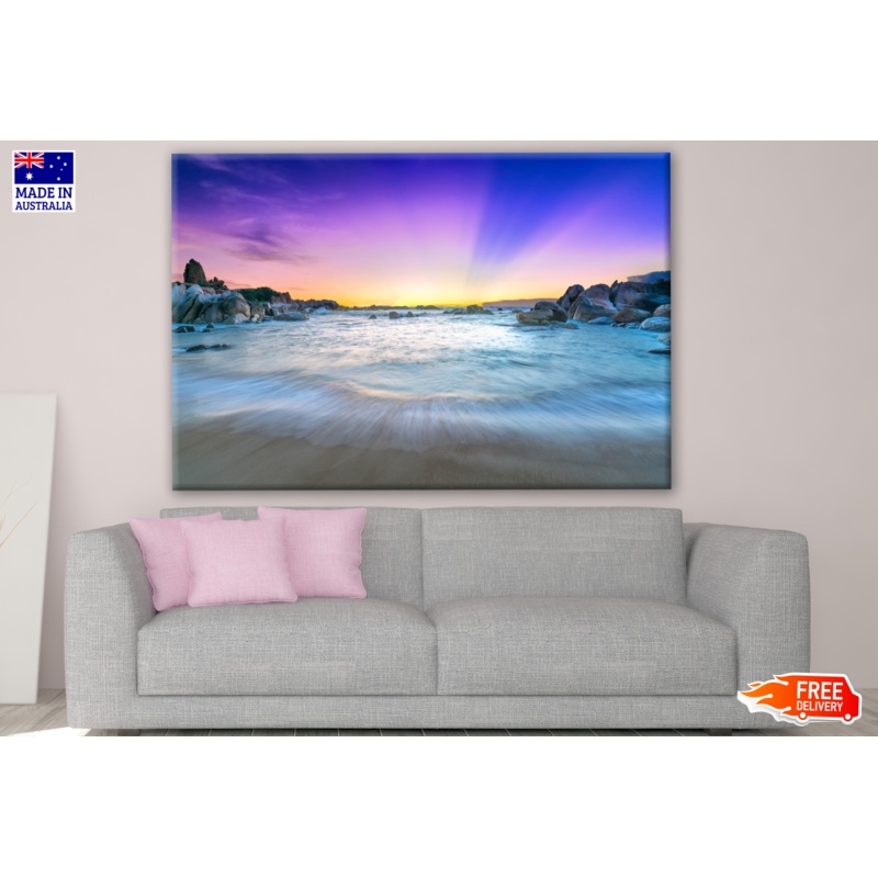 Beautiful Sunrise on the Beach with Sun Rays in the Purple Sky Photograph Print 100% Australian Made