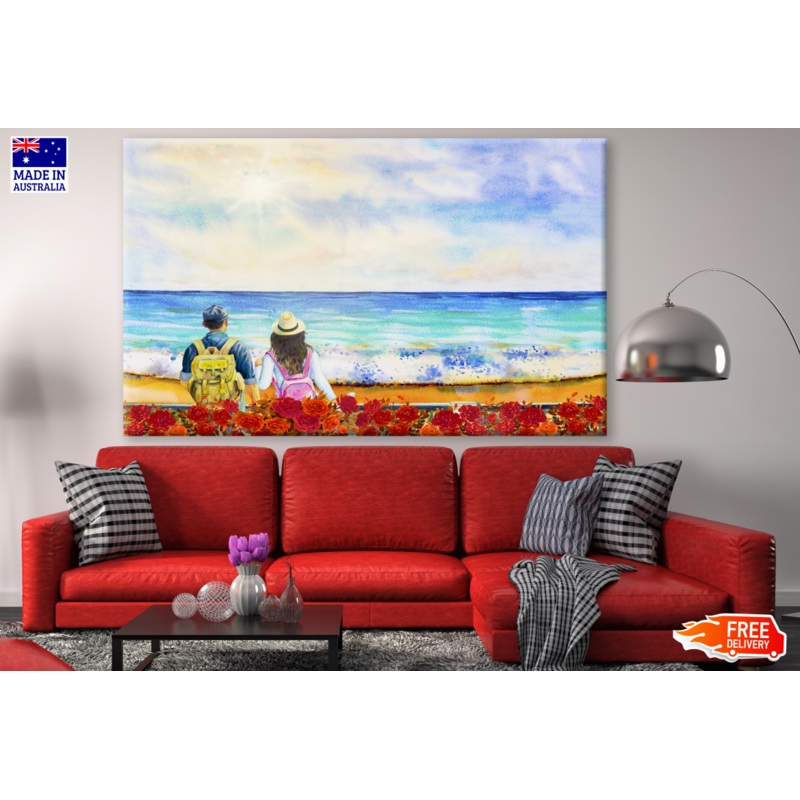 Watercolor Seascape of Couple Travel with Backpack Painting Print 100% Australian Made