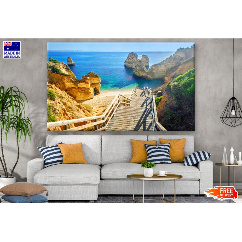 Wooden footbridge to beautiful beach in Portugal Photograph Print 100% Australian Made
