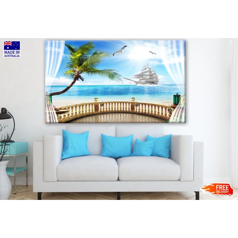 3D Sea with Beach & Birds Window View Print 100% Australian Made