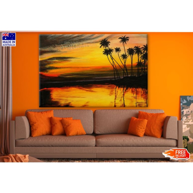 Beach with Palm Trees Sunset Watercolour Painting Print 100% Australian Made