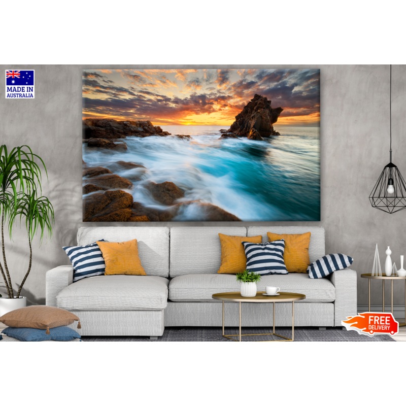 Beautiful Sunrise on Ocean Coast with Rocks Photograph Print 100% Australian Made