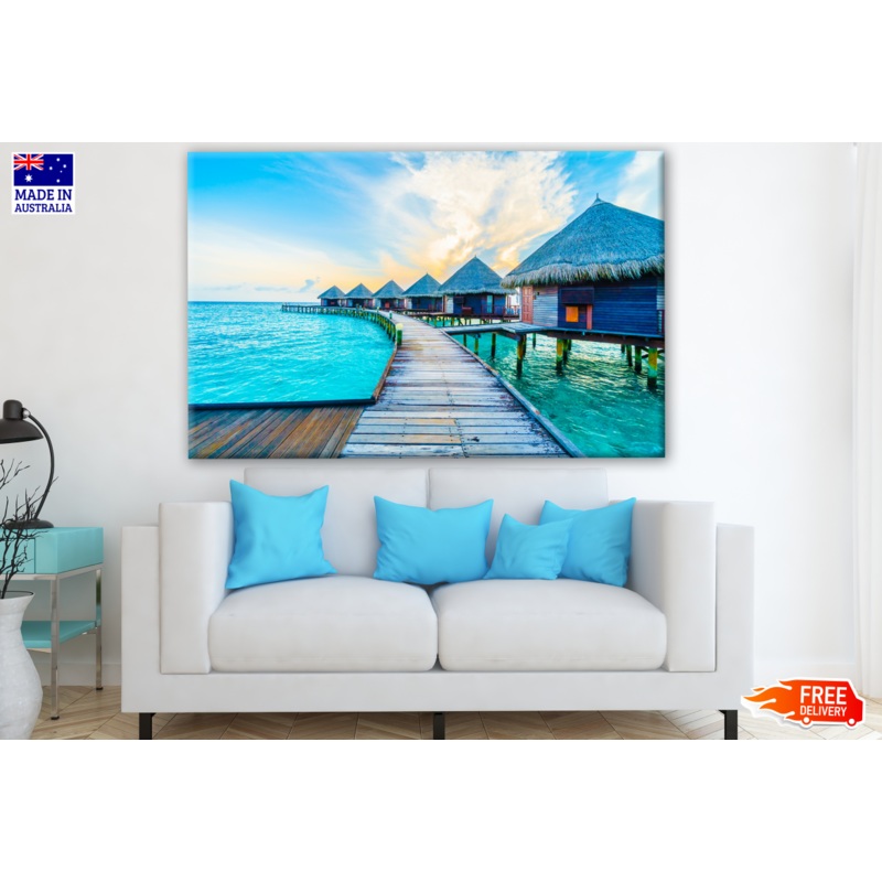 Stunning View of Huts on Pier & Beach Photograph Print 100% Australian Made
