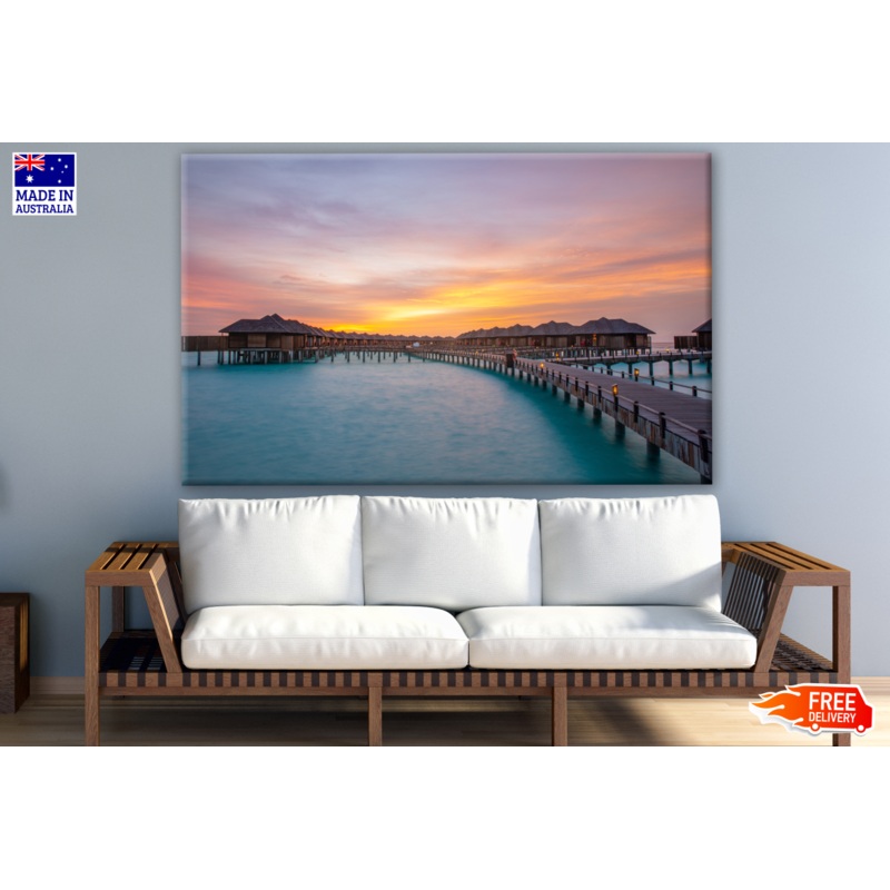 Sunset on Luxury Water Villas Resort & Wooden Pier with Beautiful Sky Photograph Print 100% Australian Made