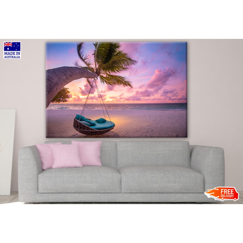 Tropical Sunset Beach with Beach Swing & Colorful Sky Photograph Print 100% Australian Made