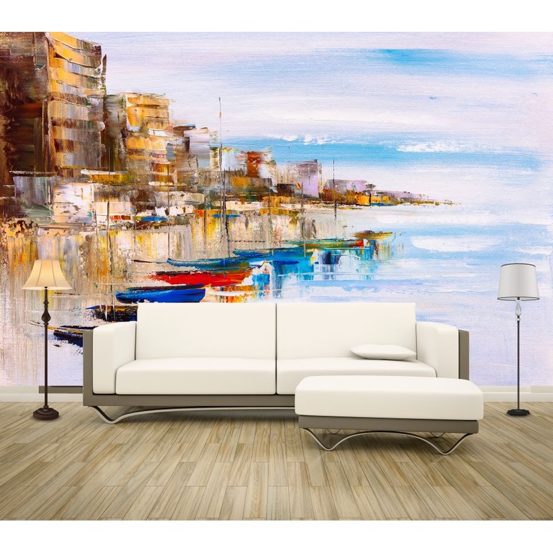 Wallpaper Murals Peel and Stick Removable Bay with Boats & Buildings Painting High Quality