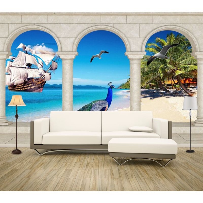 Wallpaper Murals Peel and Stick Removable Birds & Ship Sailing On Beach High Quality