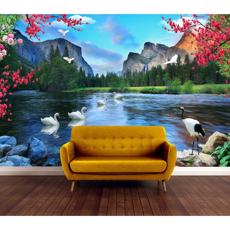 Wallpaper Murals Peel and Stick Removable Lake, Birds & Mountain View High Quality
