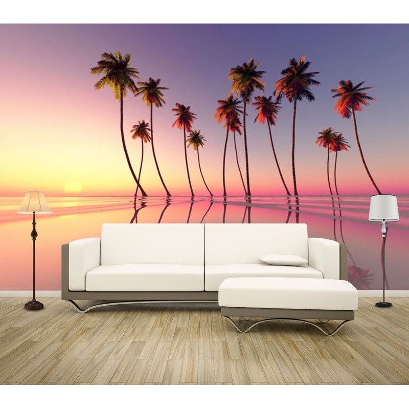 Wallpaper Murals Peel and Stick Removable Pool & Beach with Palm Trees in Sunset Photograph High Quality