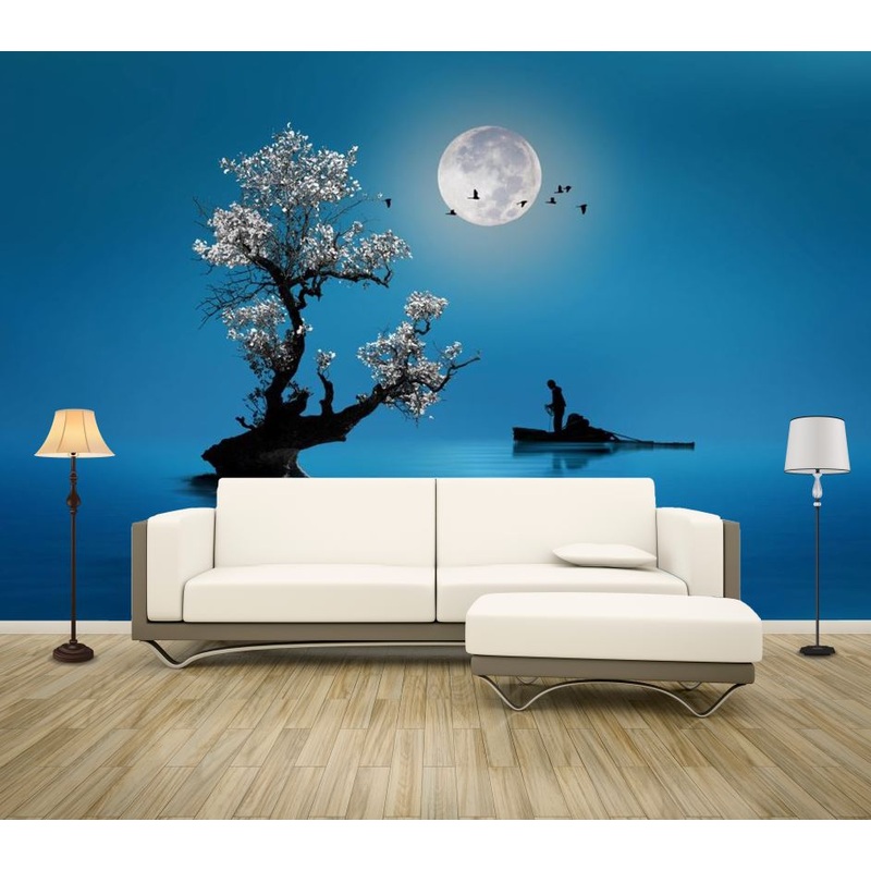 Wallpaper Murals Peel and Stick Removable Tree & Boat on Beach Under Moon Light High Quality