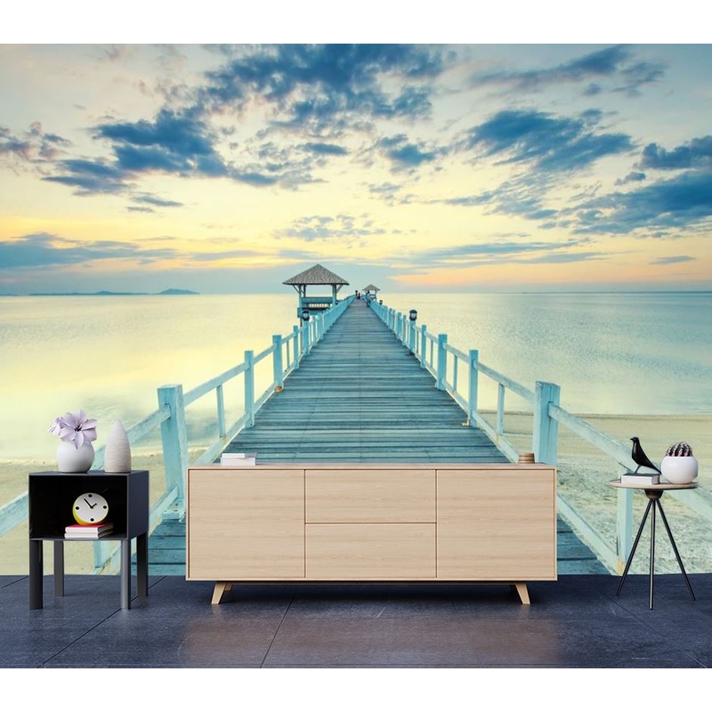 Wallpaper Murals Peel and Stick Removable Wooden Bridge Over Beach Photograph High Quality