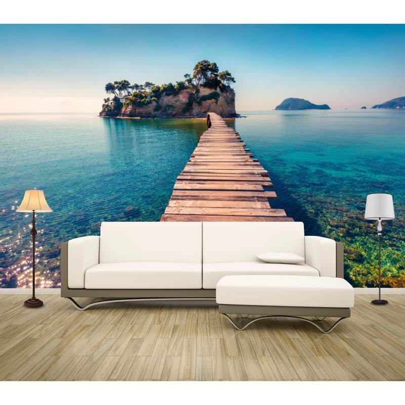 Wallpaper Murals Peel and Stick Removable Wooden Pier to Island Over Beach High Quality