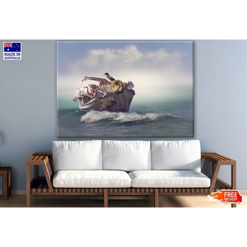 Animals On Boat Sailing on Beach Print 100% Australian Made