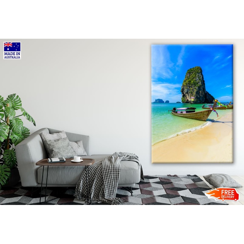 Boat & Huge Rock Beach Scenery Photograph Print 100% Australian Made