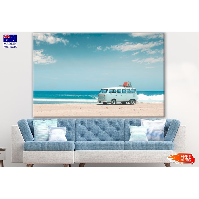 Vintage Blue Volkswagen Van Parking at the Beach Photograph Print 100% Australian Made
