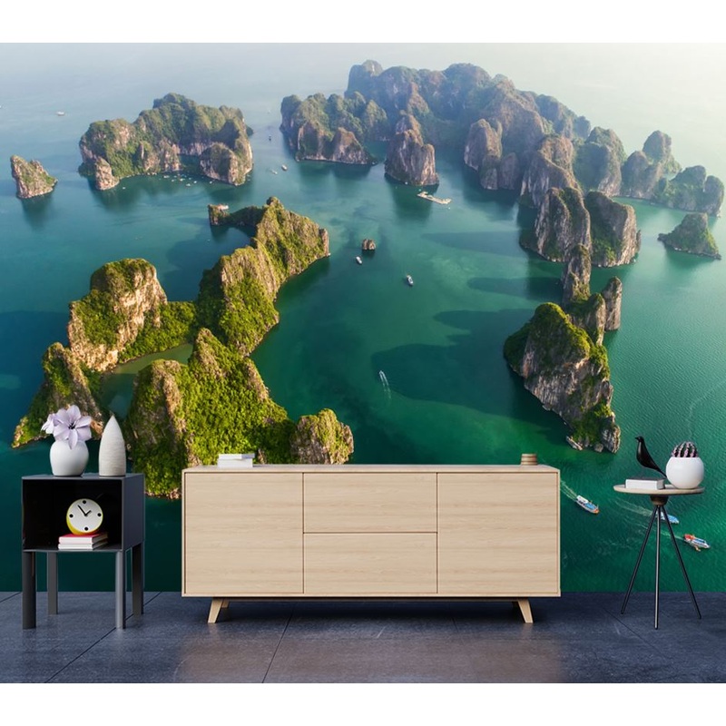 Wallpaper Murals Peel and Stick Removable Aerial View Floating Fishing Village & Rock Island, Halong Bay, Vietnam High Quality