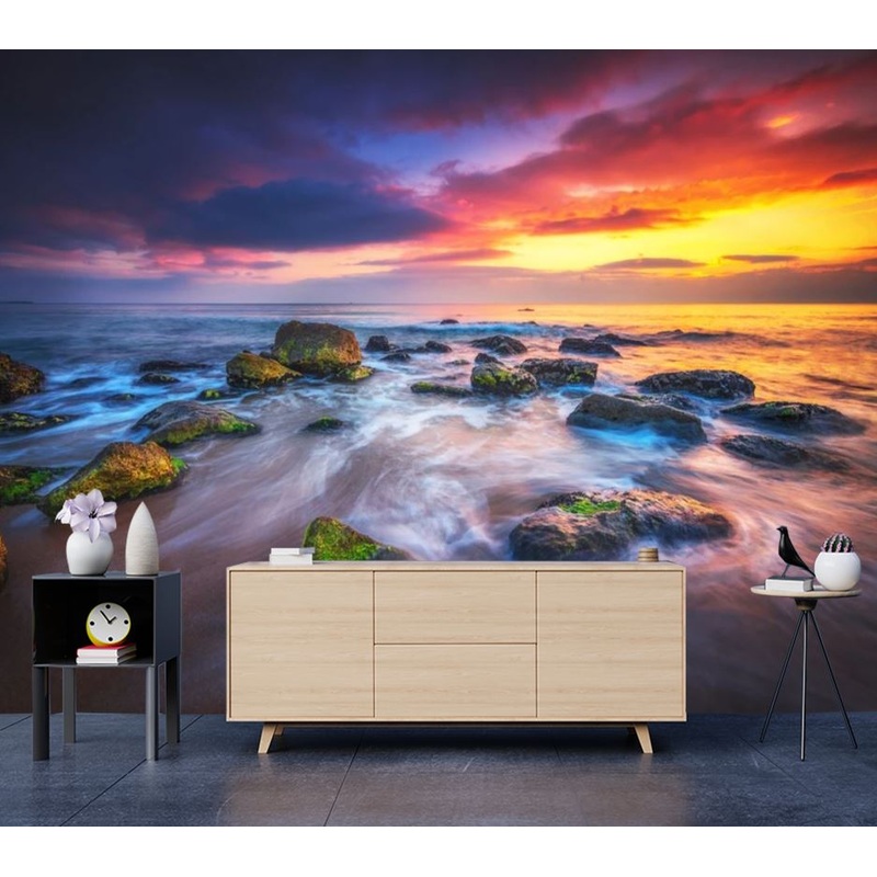 Wallpaper Murals Peel and Stick Removable Beach with Rocks in Sunset High Quality