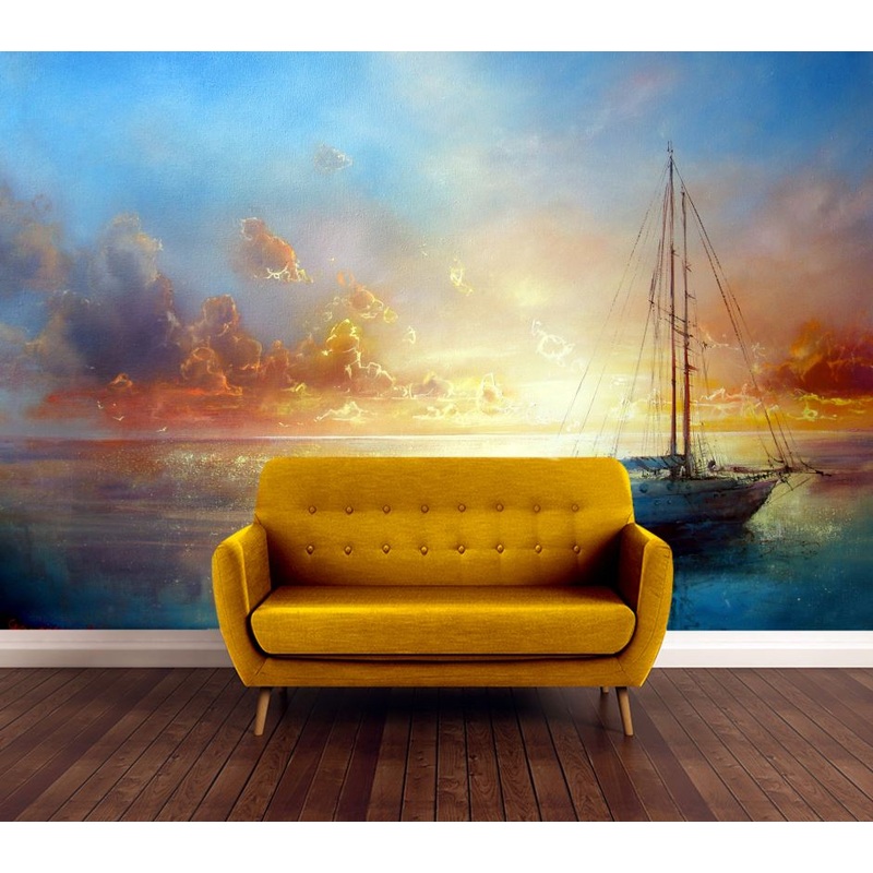 Wallpaper Murals Peel and Stick Removable Boat & Beach Watercolor Painting High Quality