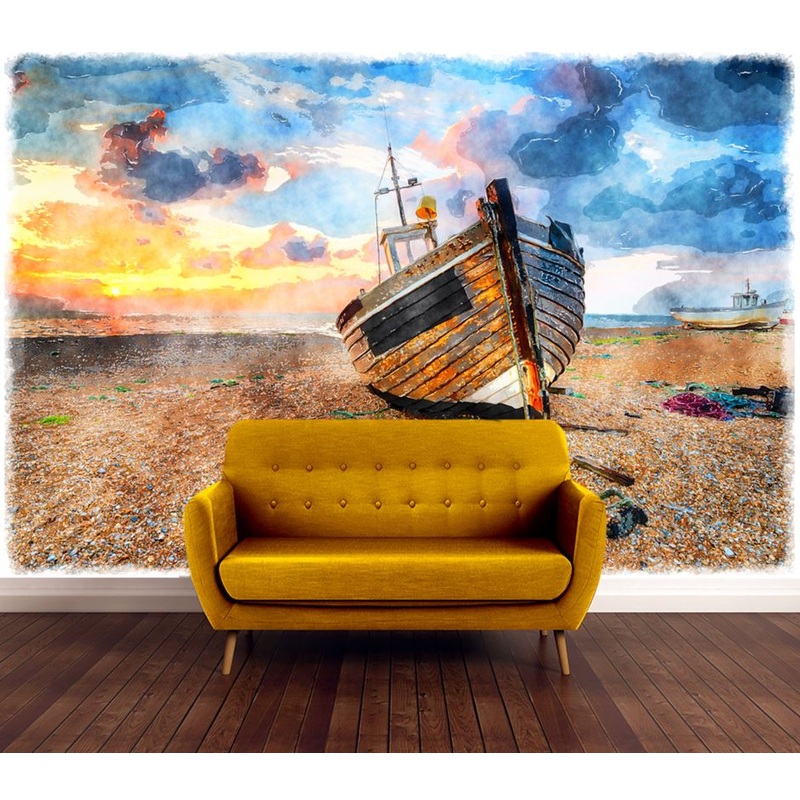 Wallpaper Murals Peel and Stick Removable Boat on Beach Watercolor Painting High Quality