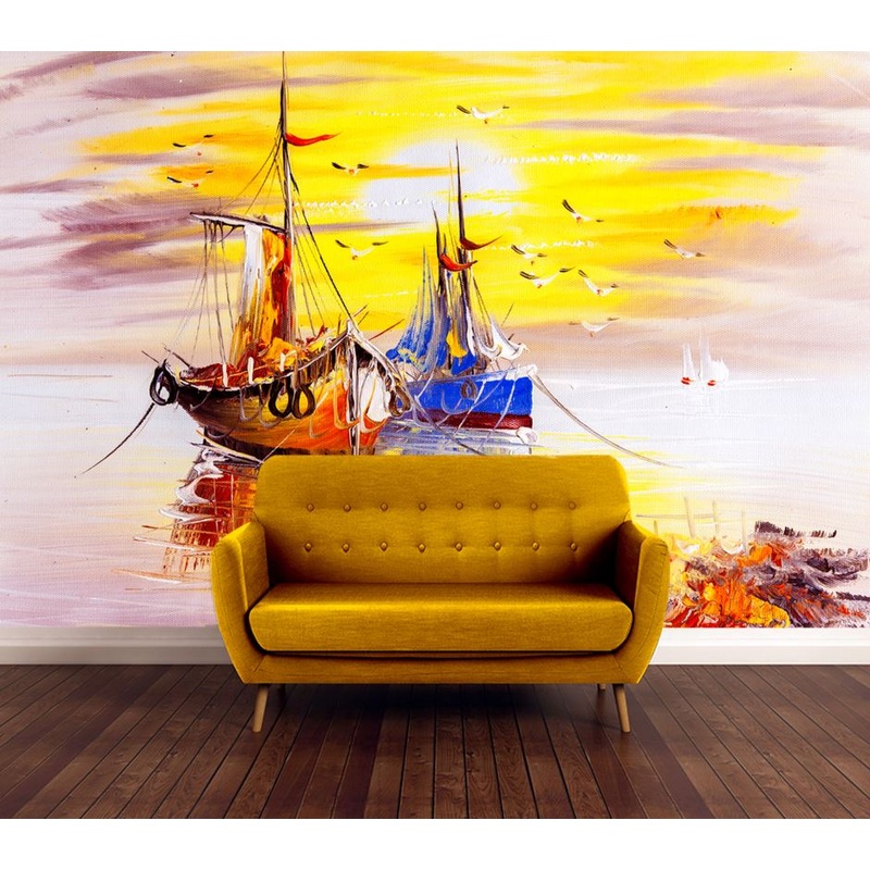Wallpaper Murals Peel and Stick Removable Boats on Beach Painting High Quality