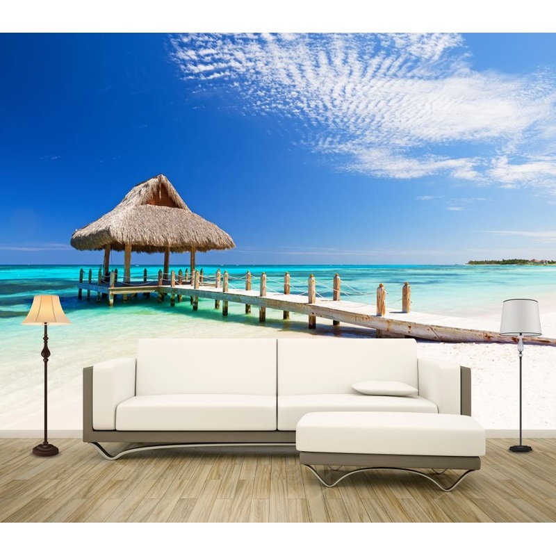 Wallpaper Murals Peel and Stick Removable Hut on a Wooden Pier Over the Beach High Quality