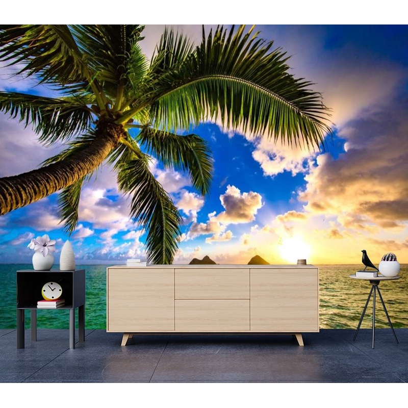 Wallpaper Murals Peel and Stick Removable Palm Tree & Beach at Sunset Photograph High Quality
