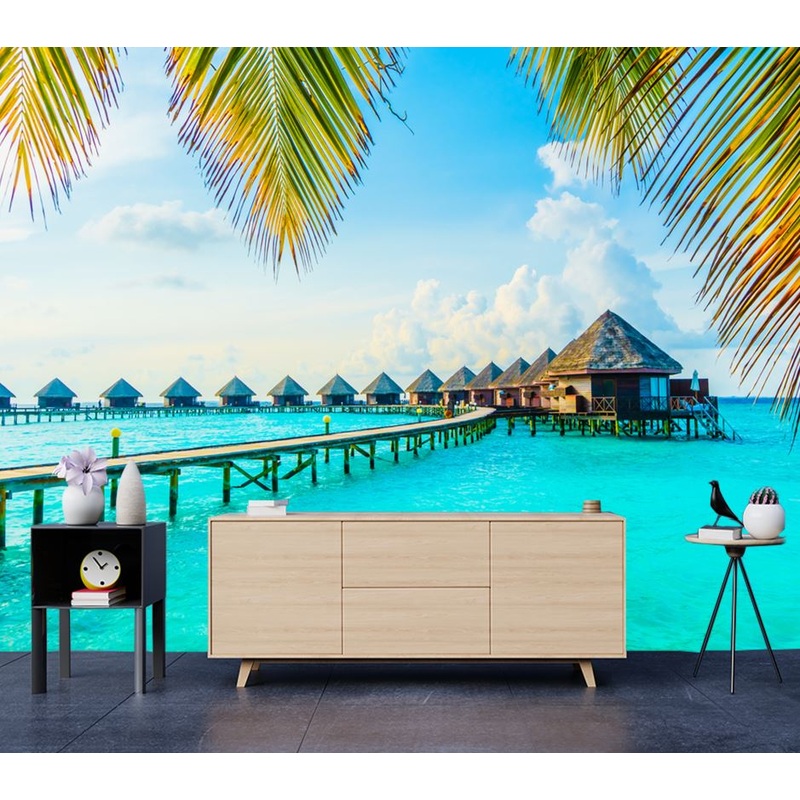 Wallpaper Murals Peel and Stick Removable Resort on a Wooden Pier Over Beach High Quality