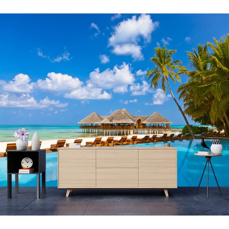 Wallpaper Murals Peel and Stick Removable Resort on Wooden Pier Over Sea Photograph High Quality