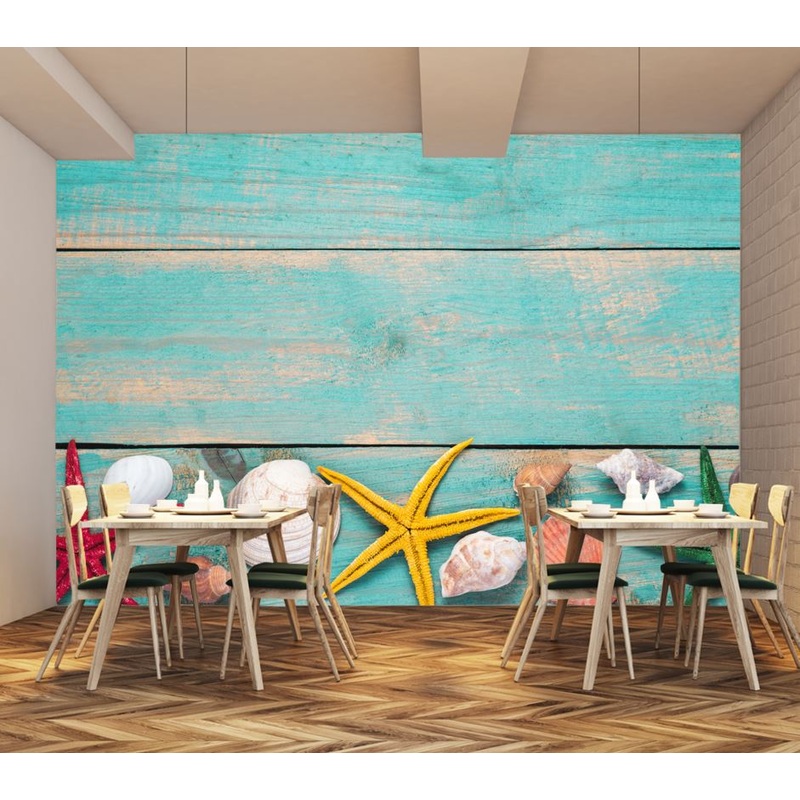 Wallpaper Murals Peel and Stick Removable Sea Shells On a Wooden Board High Quality