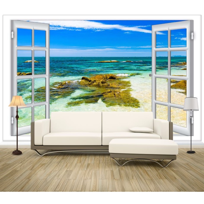 Wallpaper Murals Peel and Stick Removable Stunning Beach View through Window High Quality