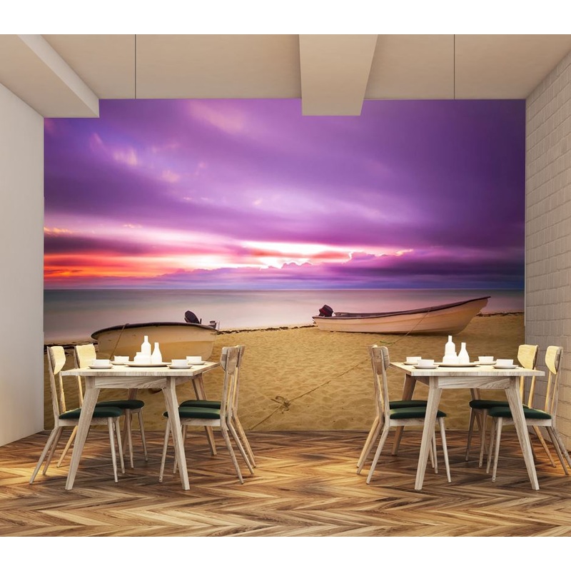 Wallpaper Murals Peel and Stick Removable Stunning Beach with Boats on Shore at Sunset Photograph High Quality